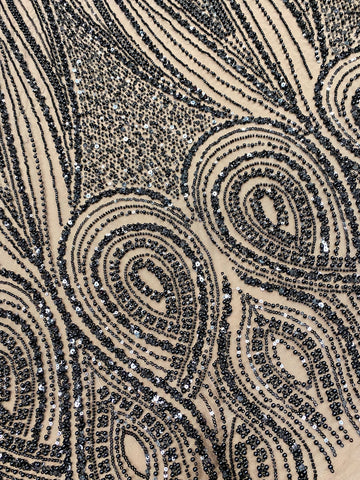 Dantela Couture Neagra cu Model Geometric, cu Perle, Margele si Paiete