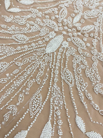 Dantela Couture Ivory cu Model Geometric, cu Perle, Margele si Paiete