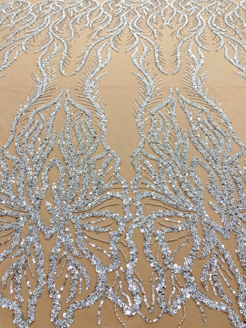 Dantela Couture Argintie pe Tulle Nude cu Panou, cu Margele si Paiete