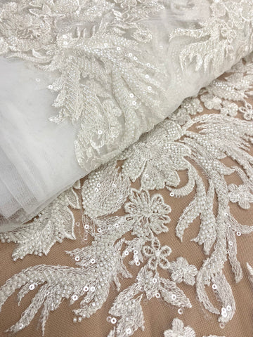 Dantela Couture Ivory cu Model Floral, cu Perle si Paiete