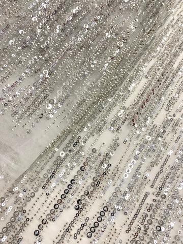 Dantela Couture Argintie pe Tulle Ivory cu Model Liniar, cu Margele si Paiete