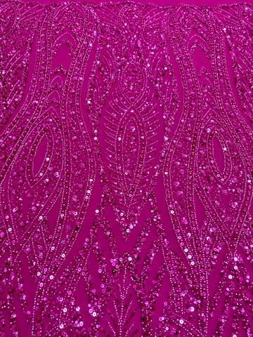 Dantela Couture Fucsia cu Model Geometric, cu Perle, Margele si Paiete