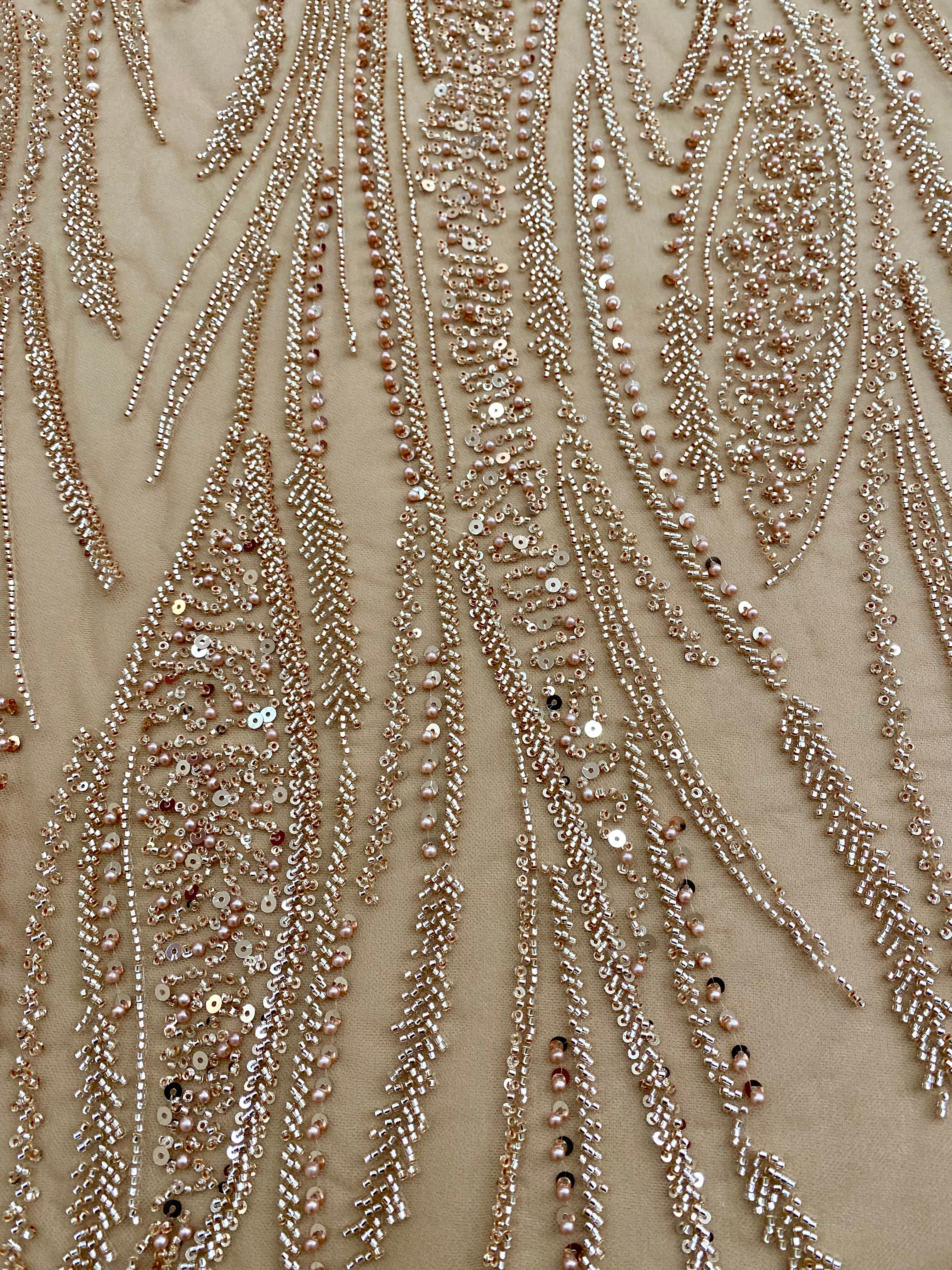 Dantela Couture Auriu Rose cu Panou, cu Perle, Margele si Paiete