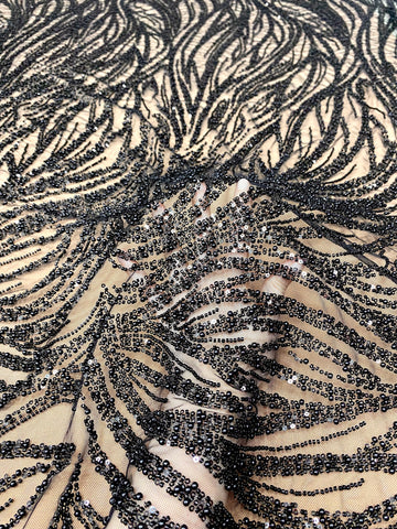 Dantela Couture Neagra cu Model Geometric, cu Perle, Margele si Paiete