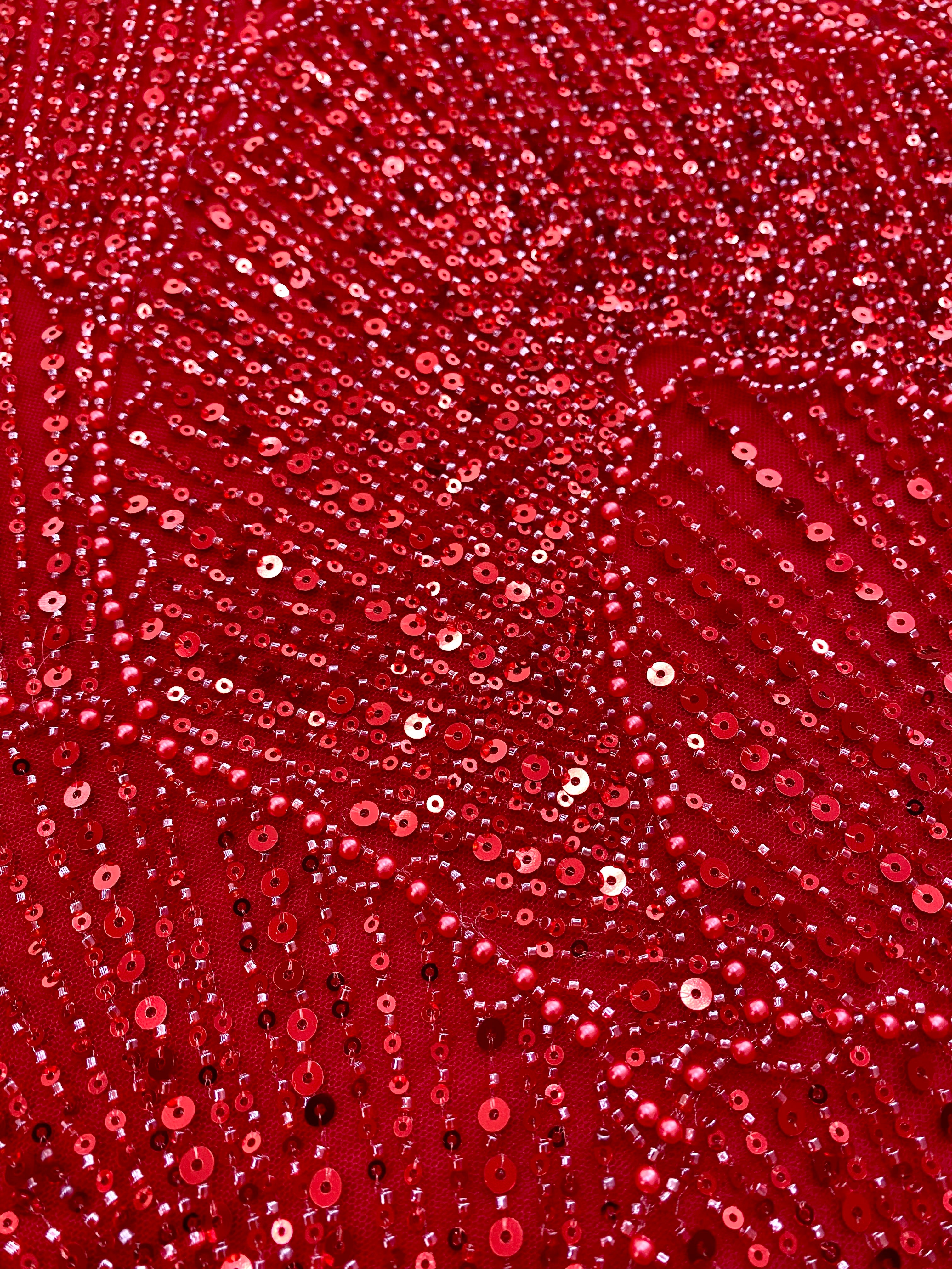 Dantela Couture Rosie cu Model Geometric, cu Perle, Margele si Paiete