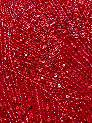 Dantela Couture Rosie cu Model Geometric, cu Perle, Margele si Paiete