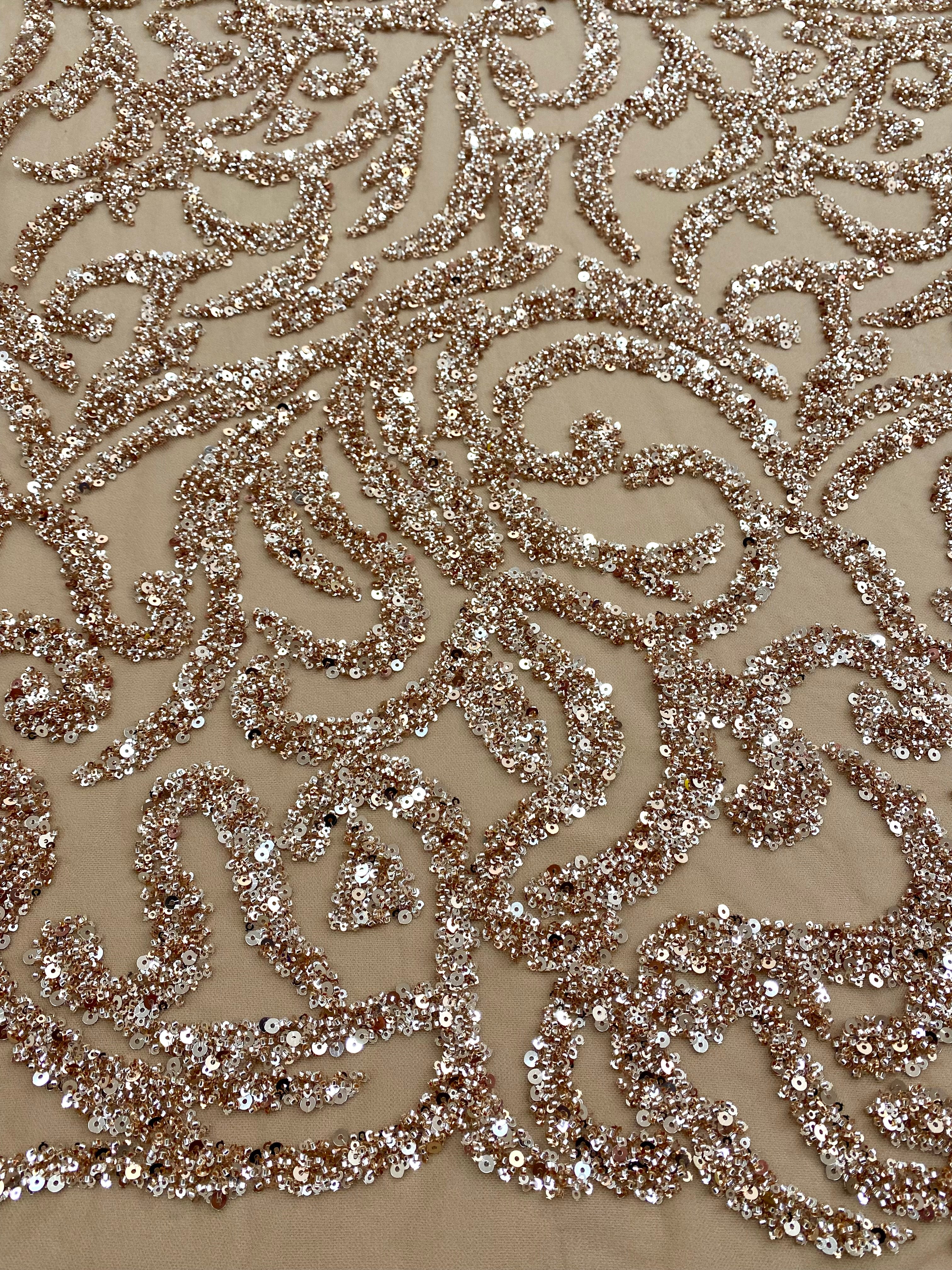 Dantela Couture Auriu Rose cu Model Geometric, cu Margele si Paiete
