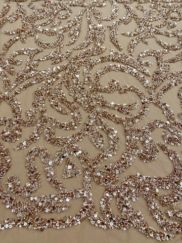 Dantela Couture Auriu Rose cu Model Geometric, cu Margele si Paiete