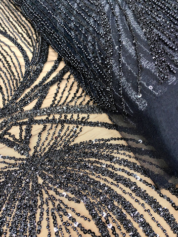 Dantela Couture Neagra cu Model Geometric, cu Perle, Margele si Paiete