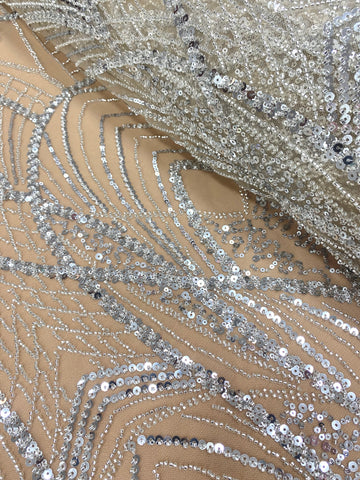 Dantela Couture Argintie pe Tulle Nude cu Panou, cu Margele si Paiete