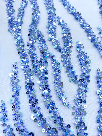 Dantela Couture Sky Blue cu Siraguri, cu Margele si Paiete