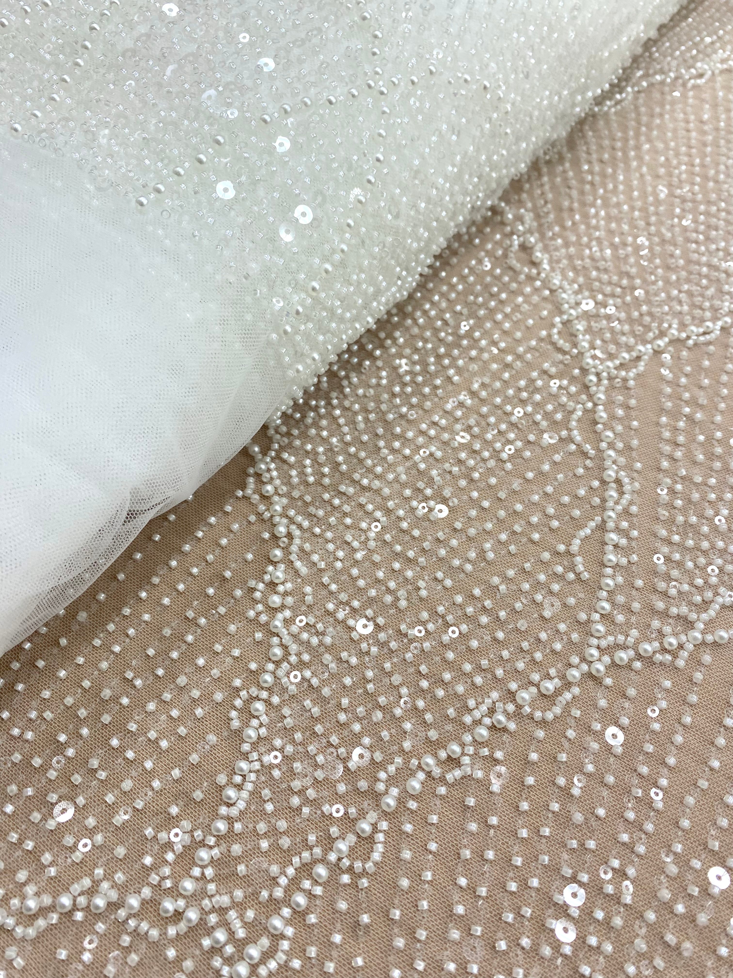 Dantela Couture Ivory cu Model Geometric, cu Perle, Margele si Paiete