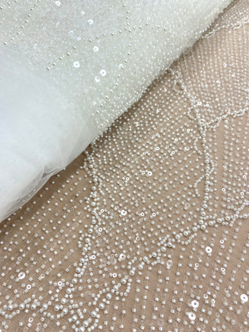 Dantela Couture Ivory cu Model Geometric, cu Perle, Margele si Paiete