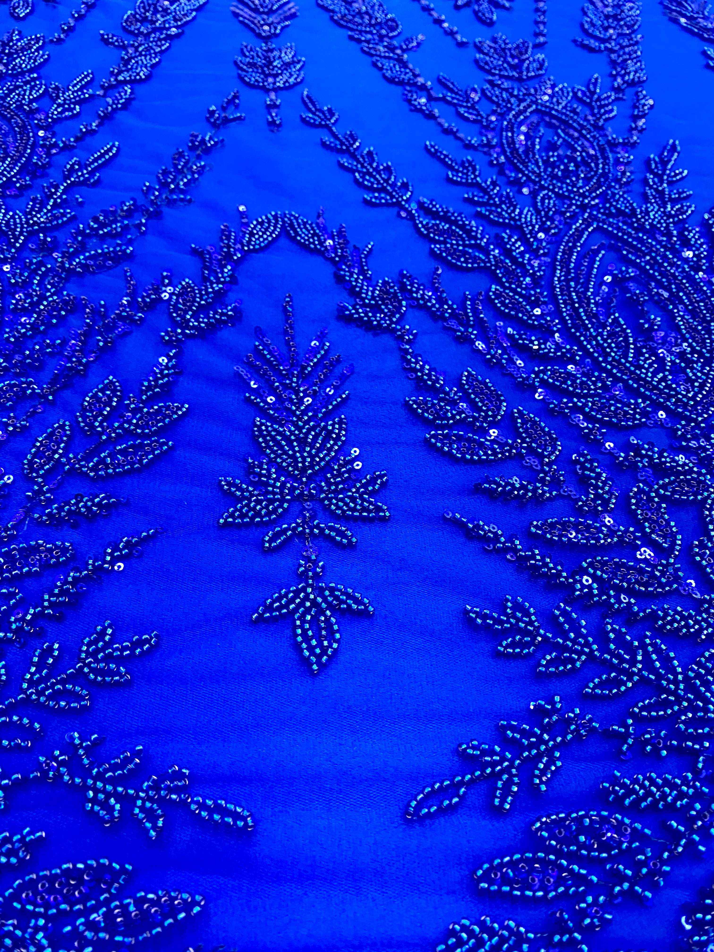 Dantela Couture Albastru Royal cu Model Simetric, cu Margele si Paiete