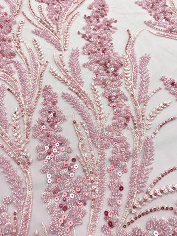 Dantela Couture Roz cu Model Floral cu Perle, Margele si Paiete