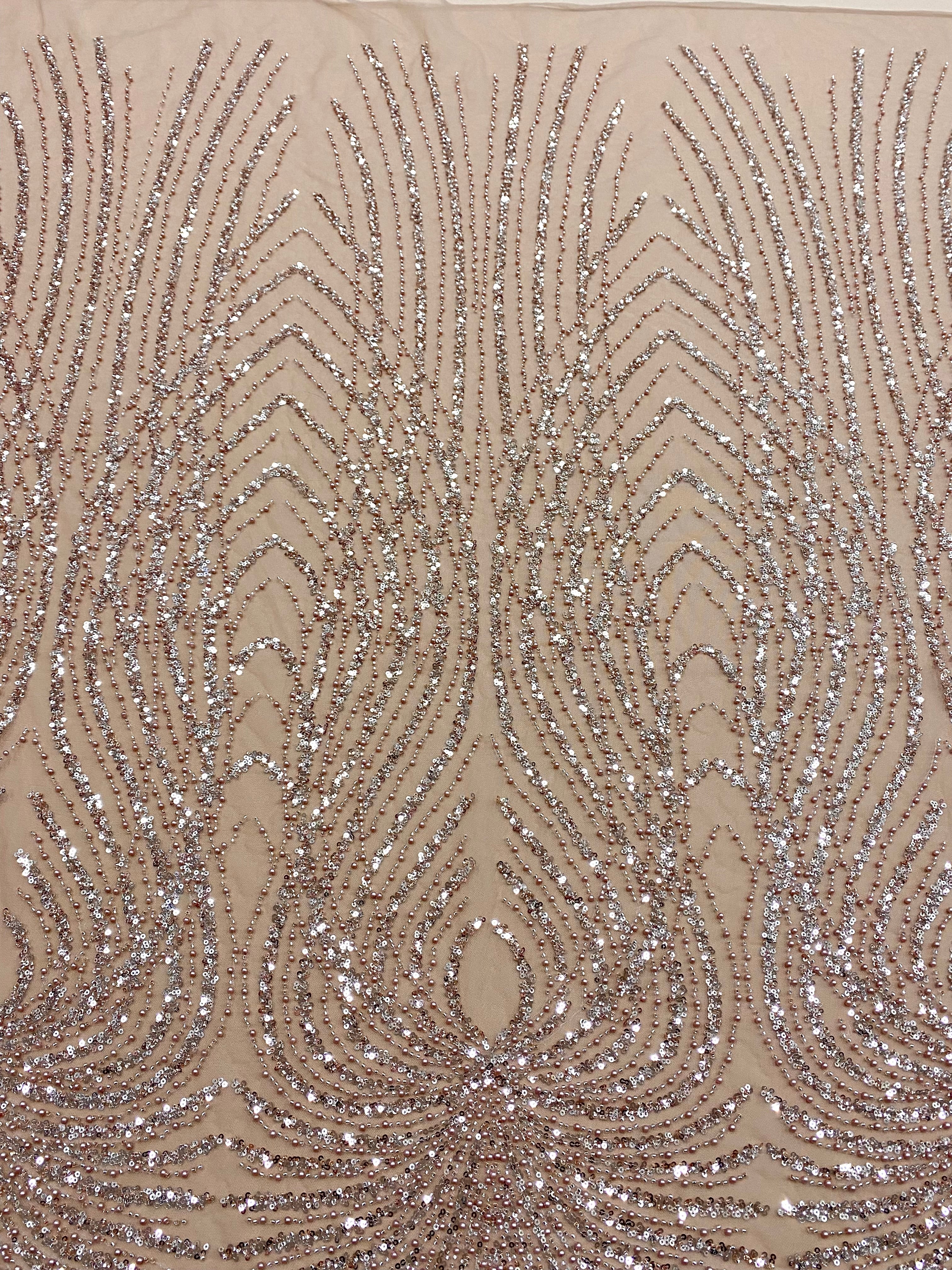 Dantela Couture Auriu Rose cu Panou, cu Perle, Margele si Paiete