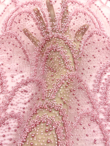 Dantela Couture Roz cu Model Geometric, cu Perle, Margele si Paiete