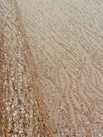 Dantela Couture Auriu Rose cu Siraguri, cu Margele si Paiete