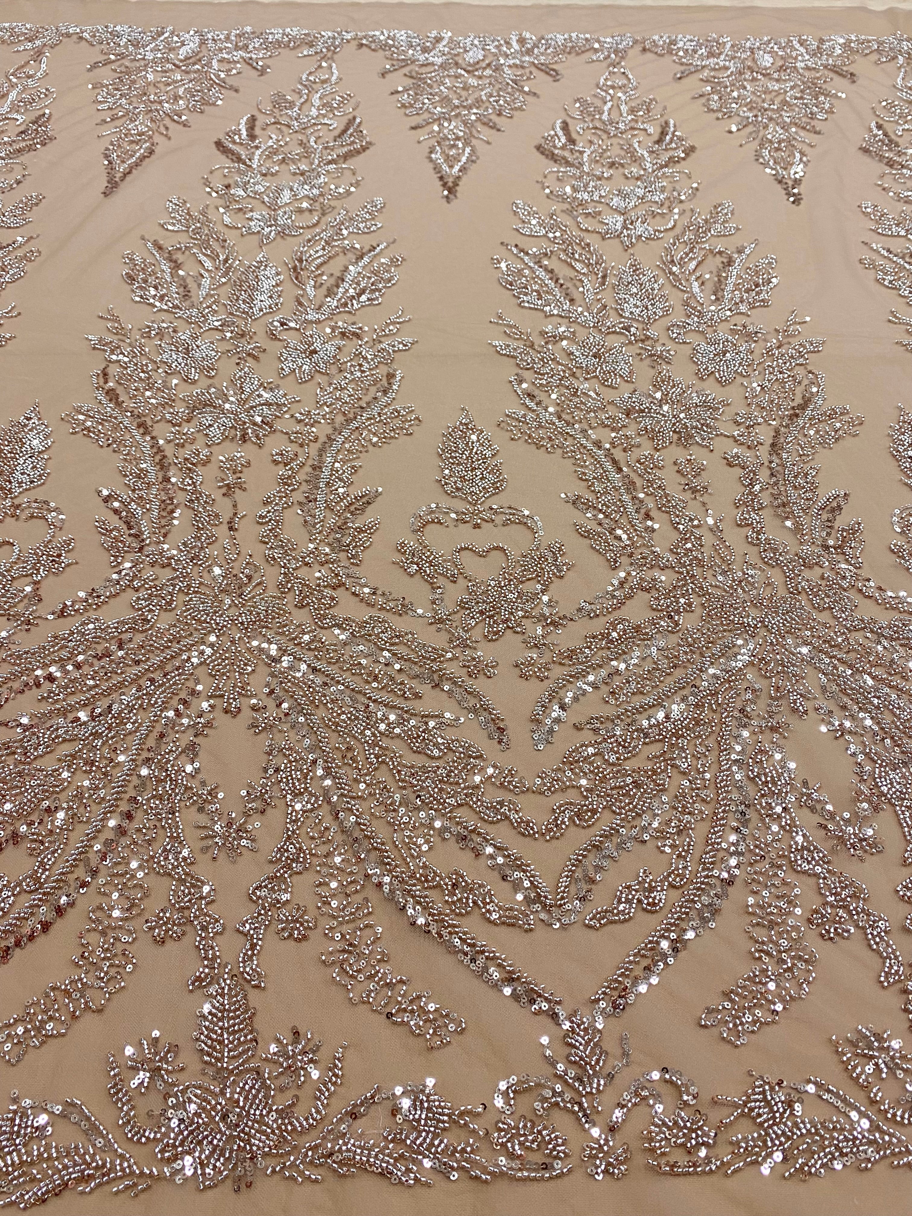 Dantela Couture Auriu Rose cu Model Floral, cu Margele si Paiete