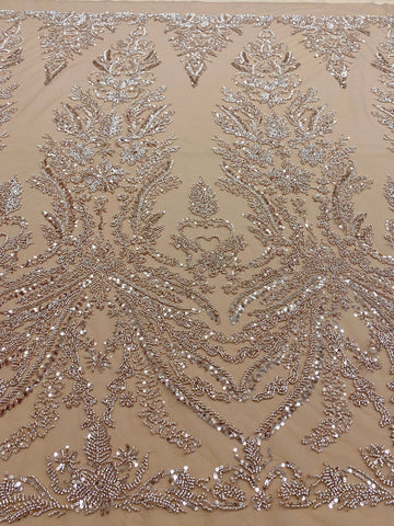 Dantela Couture Auriu Rose cu Model Floral, cu Margele si Paiete