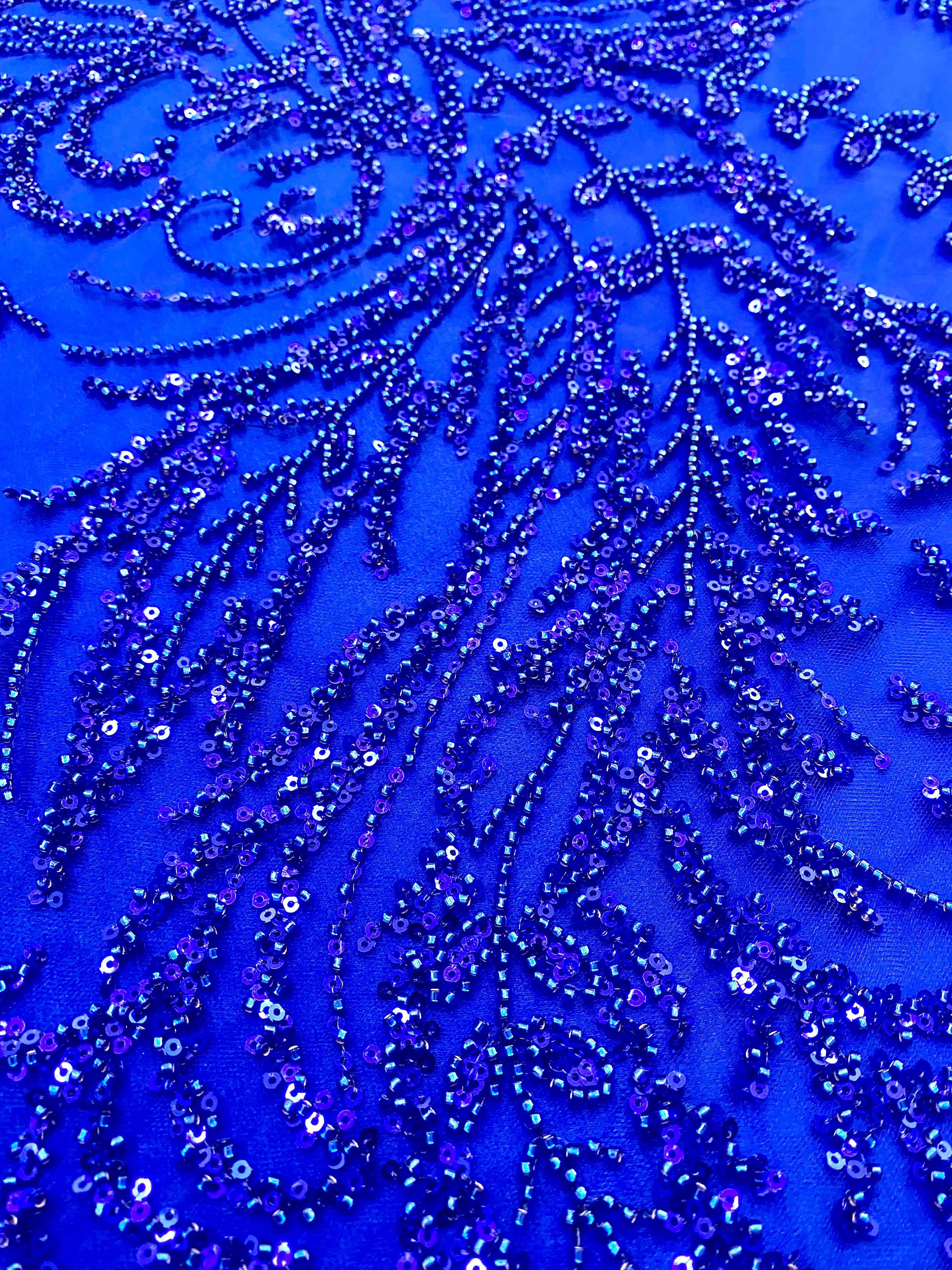 Dantela Couture Albastru Royal cu Model Floral, cu Margele si Paiete