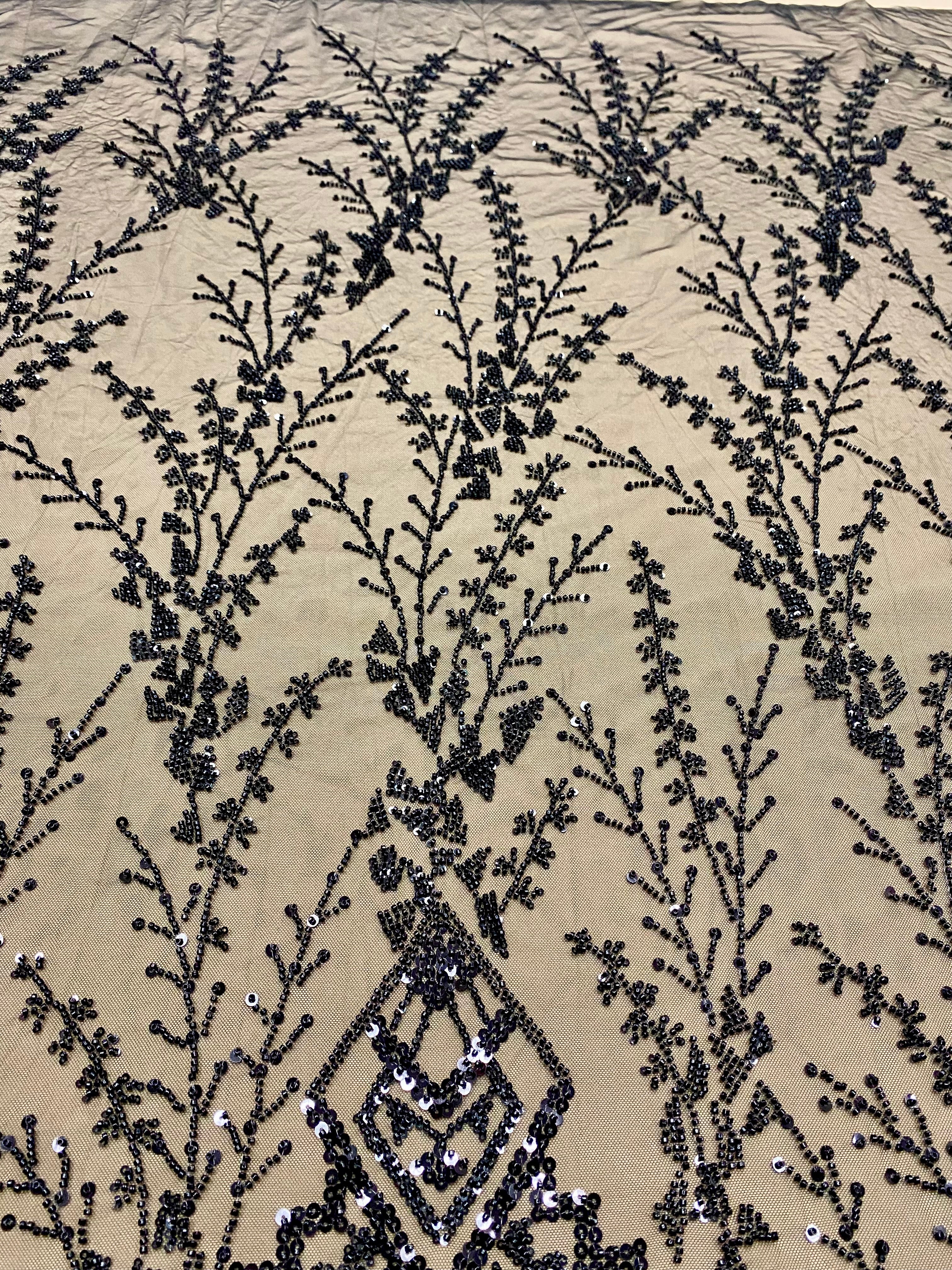 Dantela Couture Neagra cu Model Geometric, cu Margele si Paiete
