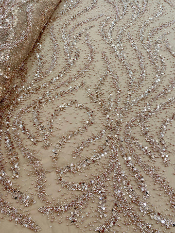 Dantela Couture Auriu Rose cu Perle, Margele si Paiete