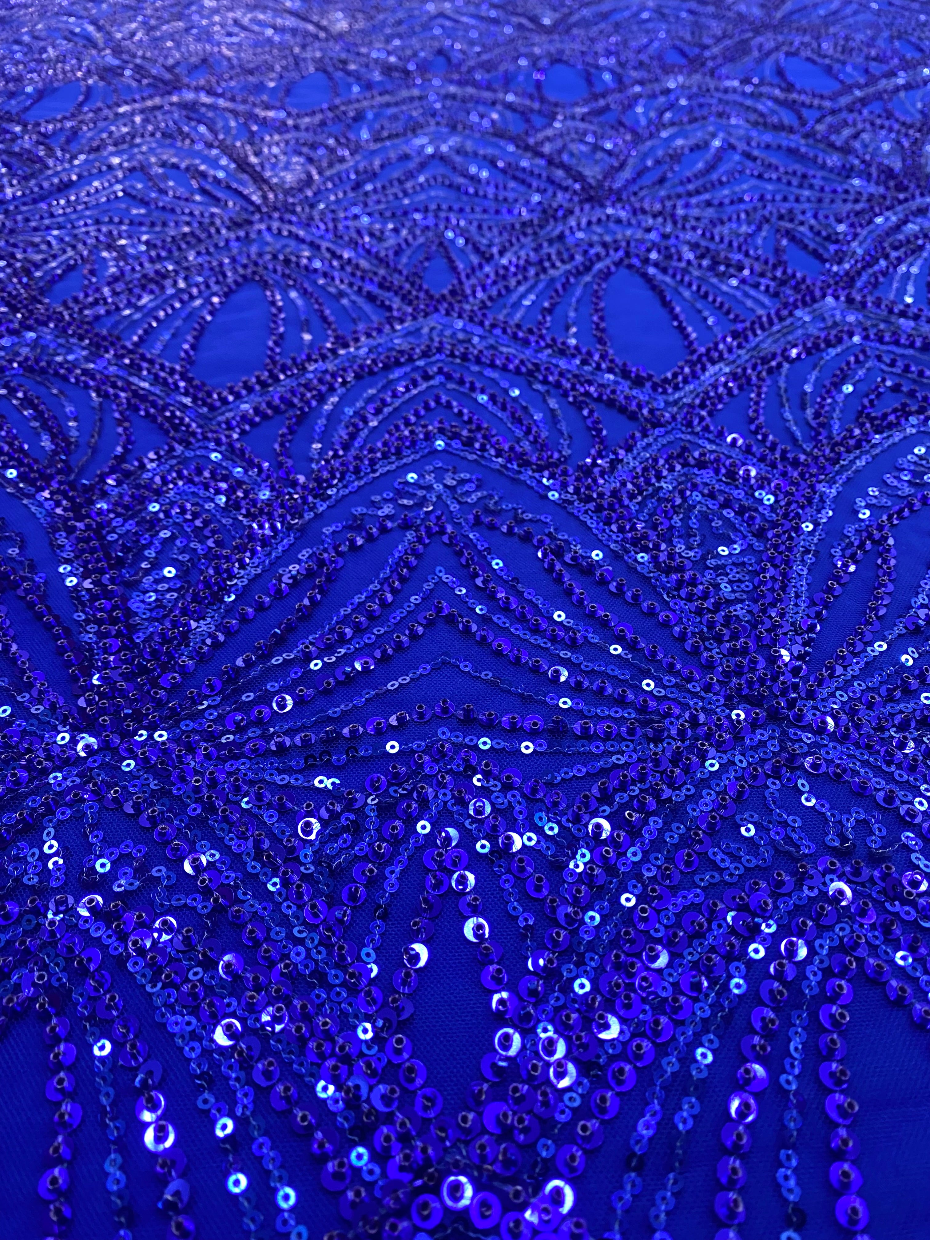 Dantela Couture Albastru Royal cu Model Geometric, cu Perle si Margele