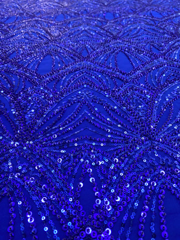 Dantela Couture Albastru Royal cu Model Geometric, cu Perle si Margele