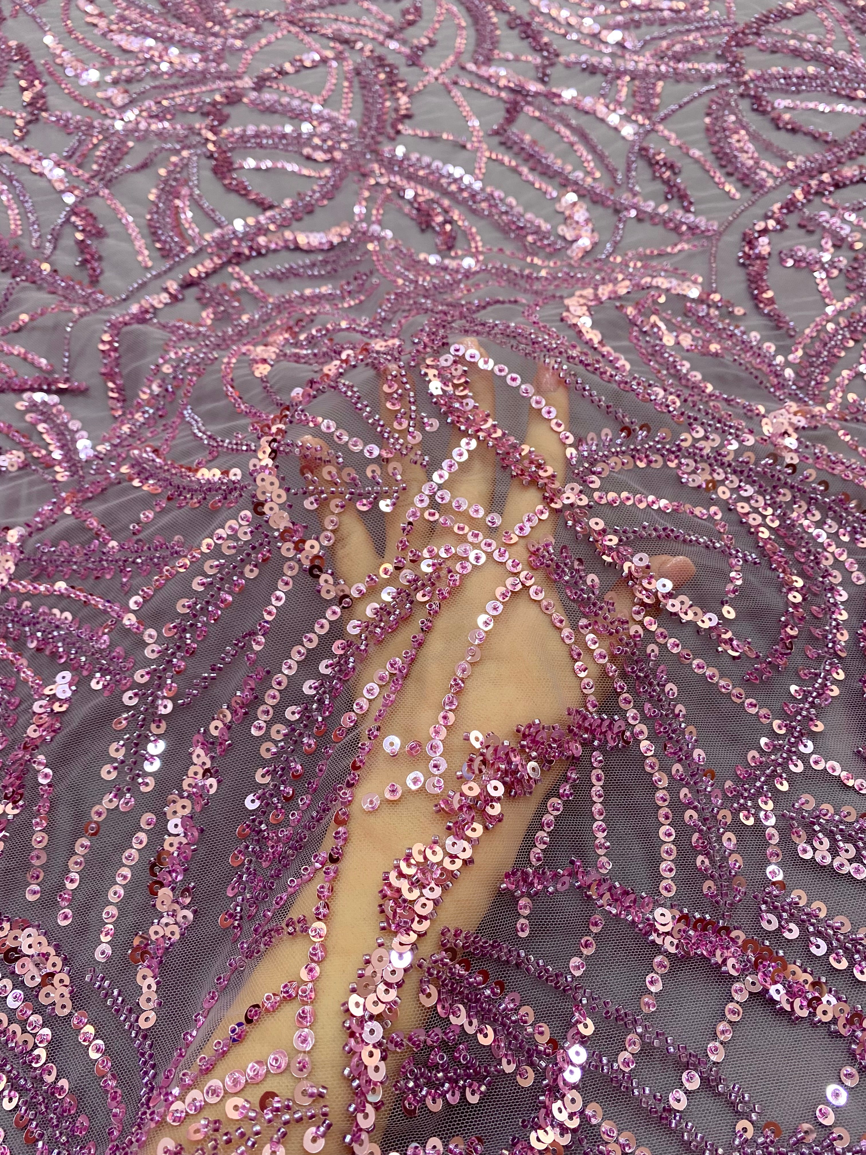 Dantela Couture Pudra cu Model Geometric, Margele si Paiete