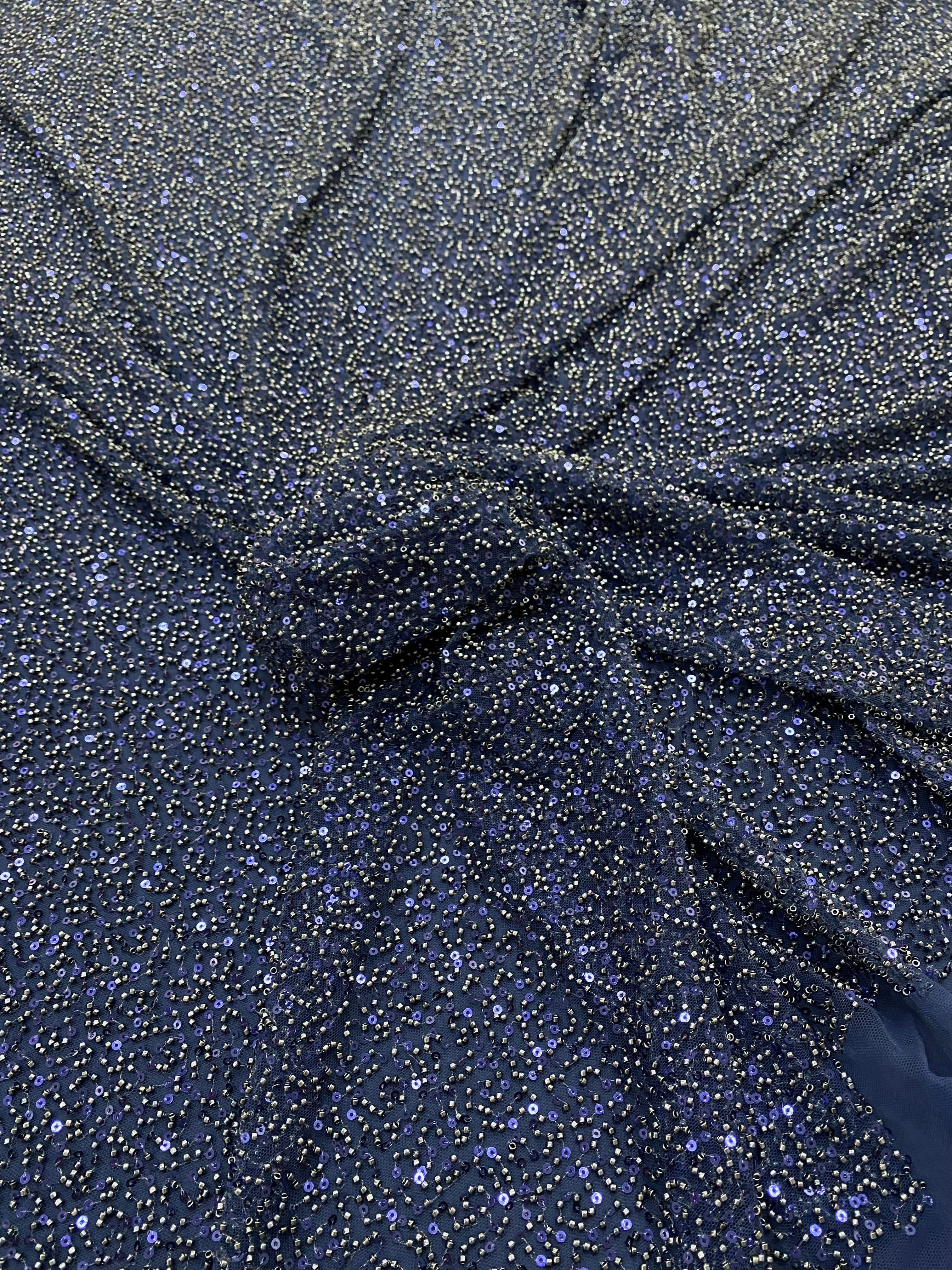 Dantela Couture Bleumarin cu Model General, cu Margele si Paiete