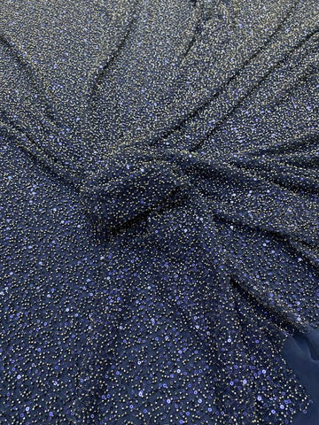 Dantela Couture Bleumarin cu Model General, cu Margele si Paiete