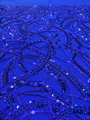 Dantela Couture Albastru Royal cu Model Geometric, Margele si Paiete