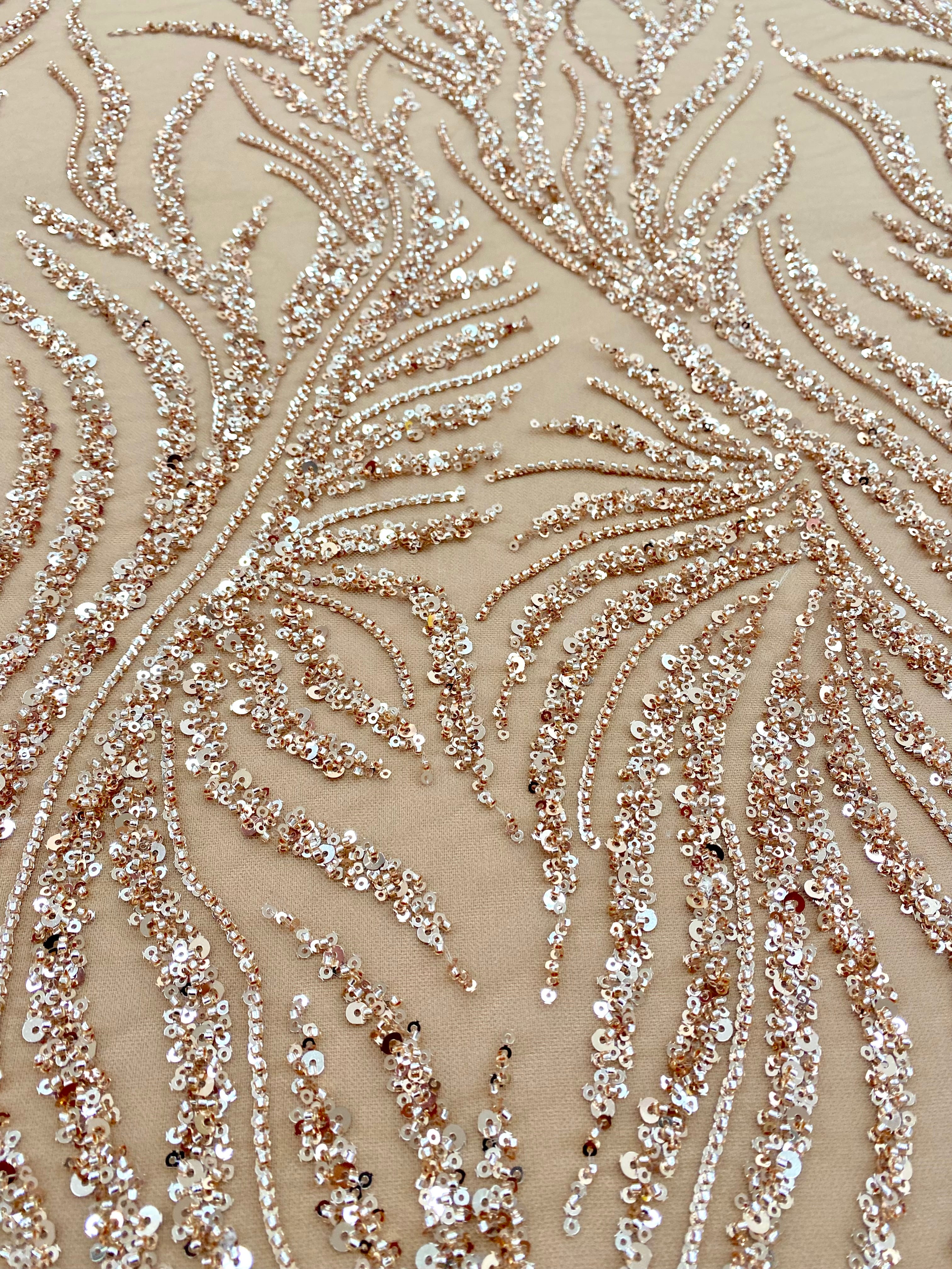Dantela Couture Auriu Rose cu Siraguri, cu Margele si Paiete