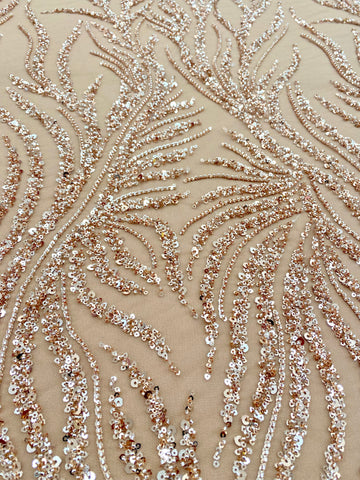 Dantela Couture Auriu Rose cu Siraguri, cu Margele si Paiete