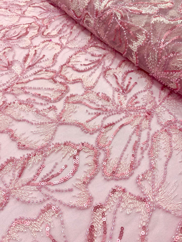 Dantela Couture Roz cu Model Floral, cu Margele si Paiete