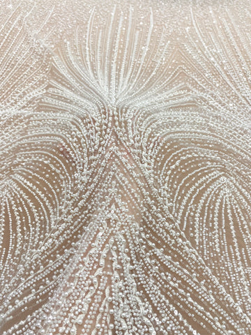 Dantela Couture Ivory cu Model Geometric, cu Perle, Margele si Paiete