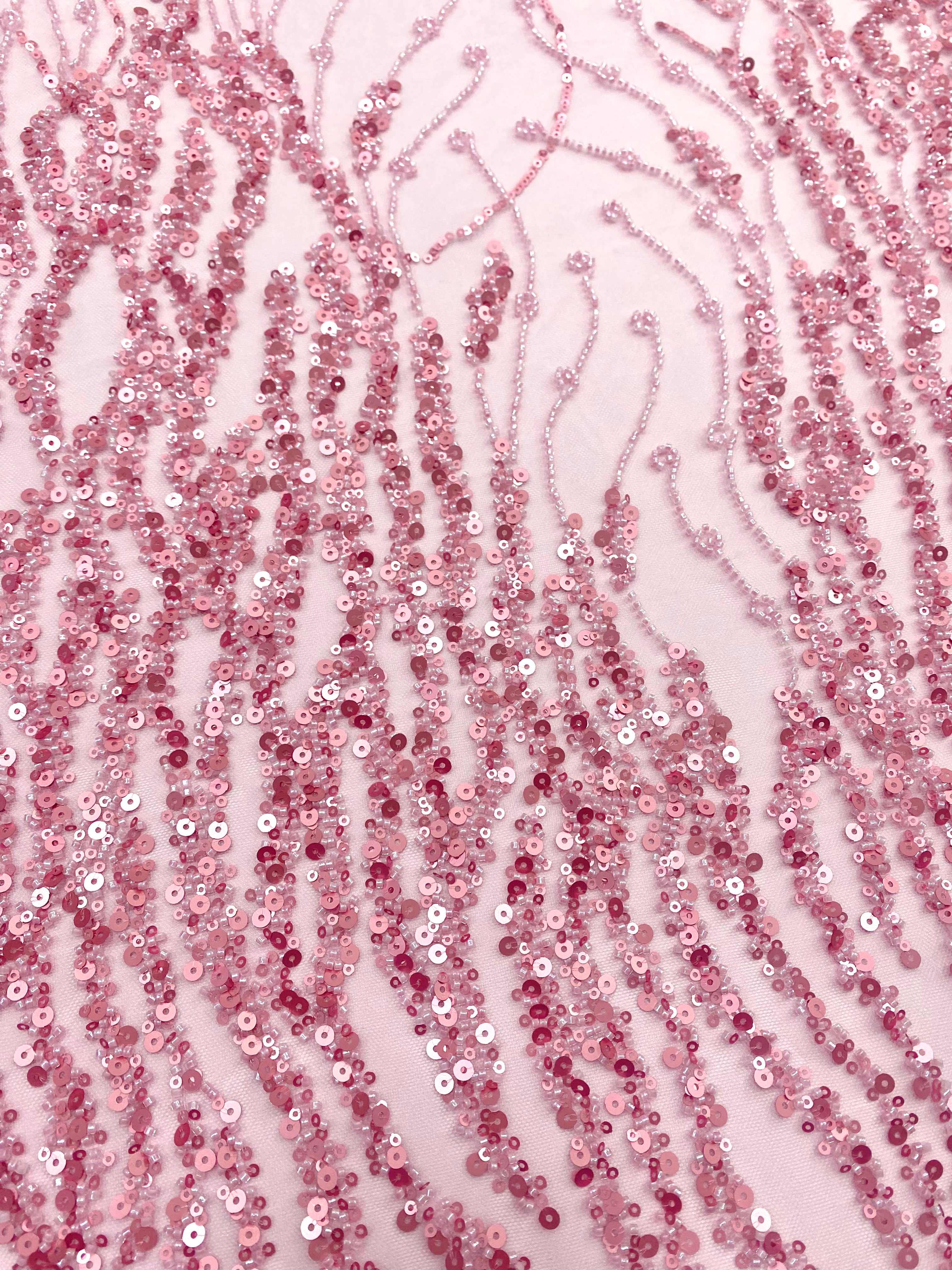 Dantela Couture Roz cu Siraguri, cu Margele si Paiete