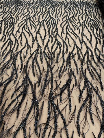 Dantela Couture Neagra cu Pene de Strut, cu Siraguri, cu Margele si Paiete