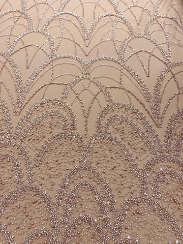 Dantela Couture Auriu Rose cu Model Geometric, cu Perle, Margele si Paiete