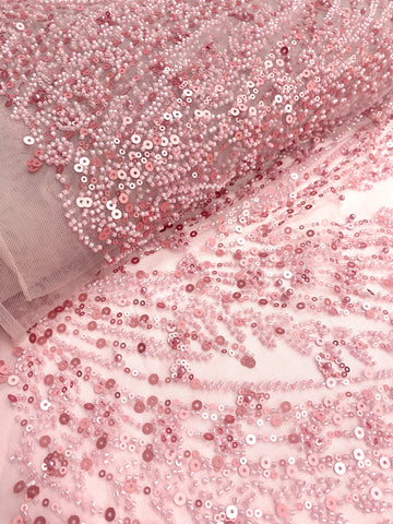 Dantela Couture Roz cu Model Geometric, cu Perle, Margele si Paiete