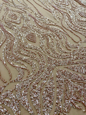 Dantela Couture Auriu Rose cu Model Geometric, cu Perle, Margele si Paiete