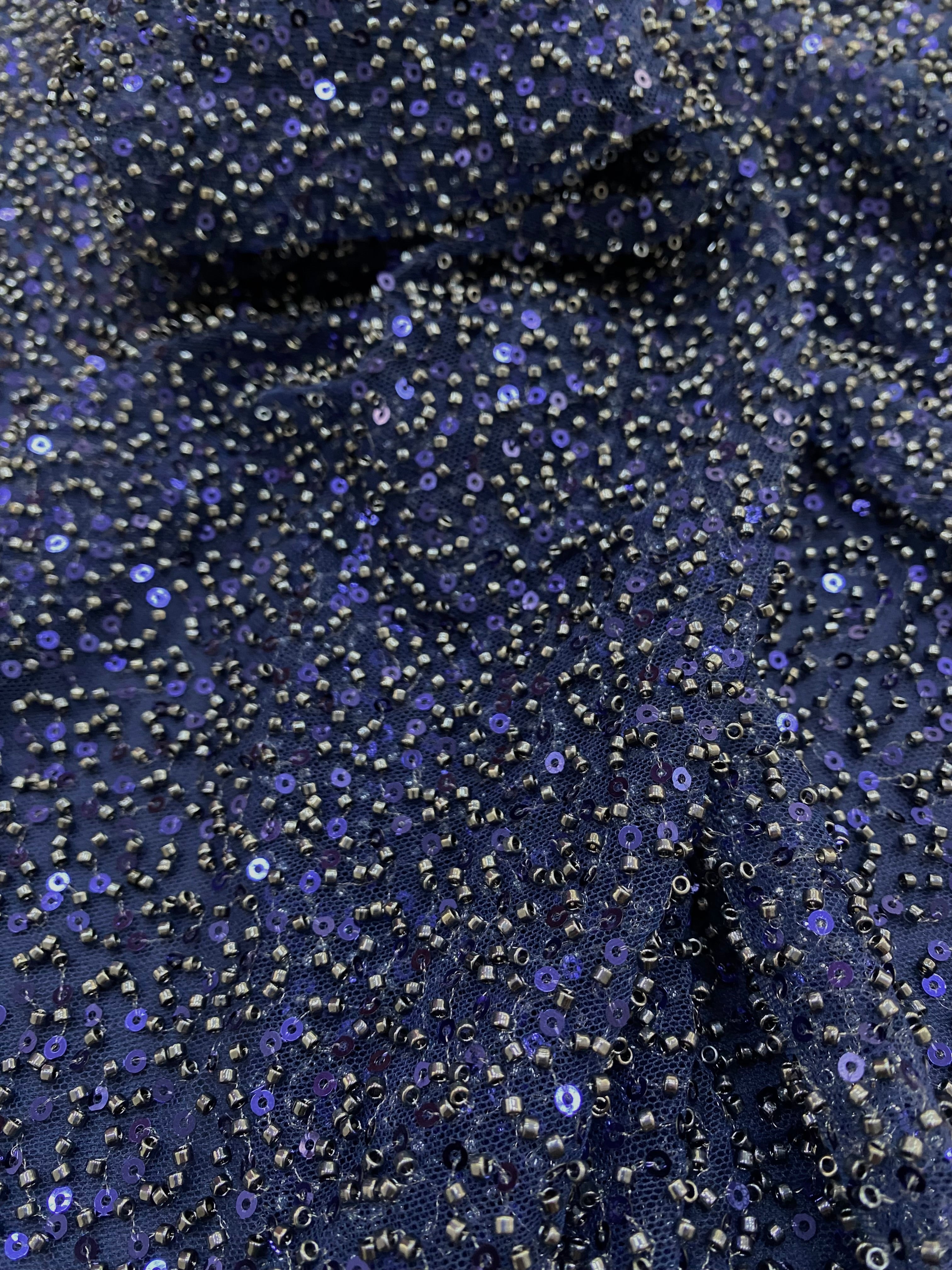 Dantela Couture Bleumarin cu Model General, cu Margele si Paiete