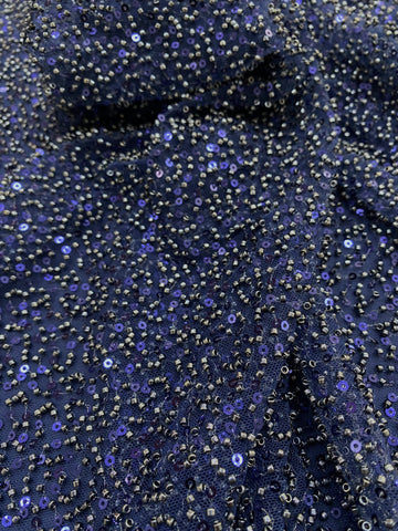 Dantela Couture Bleumarin cu Model General, cu Margele si Paiete