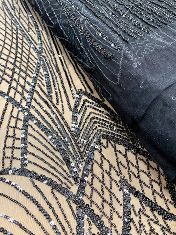 Dantela Couture Neagra cu Panou, cu Margele si Paiete