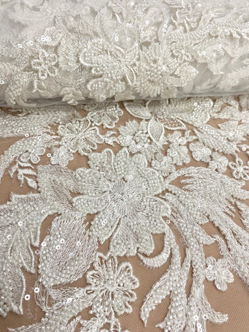 Dantela Couture Ivory cu Model Floral, cu Perle si Paiete