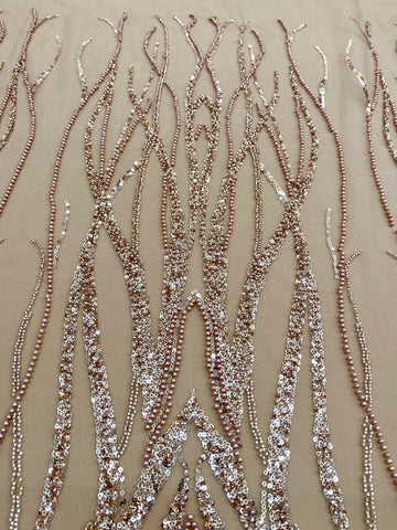 Dantela Couture Auriu Rose cu Model Geometric, cu Perle, Margele si Paiete