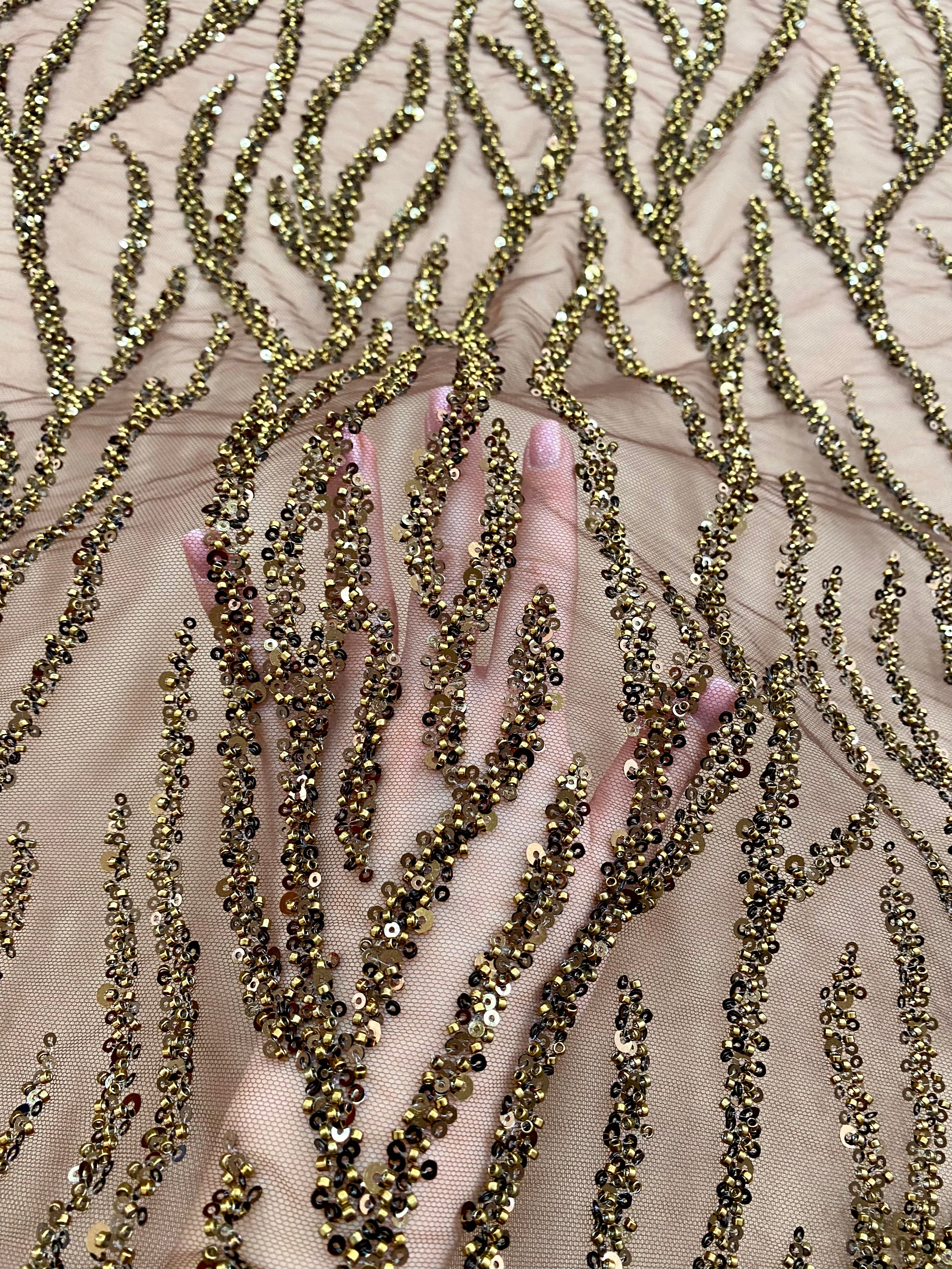 Dantela Couture Auriu Antic Siraguri, cu Margele si Paiete