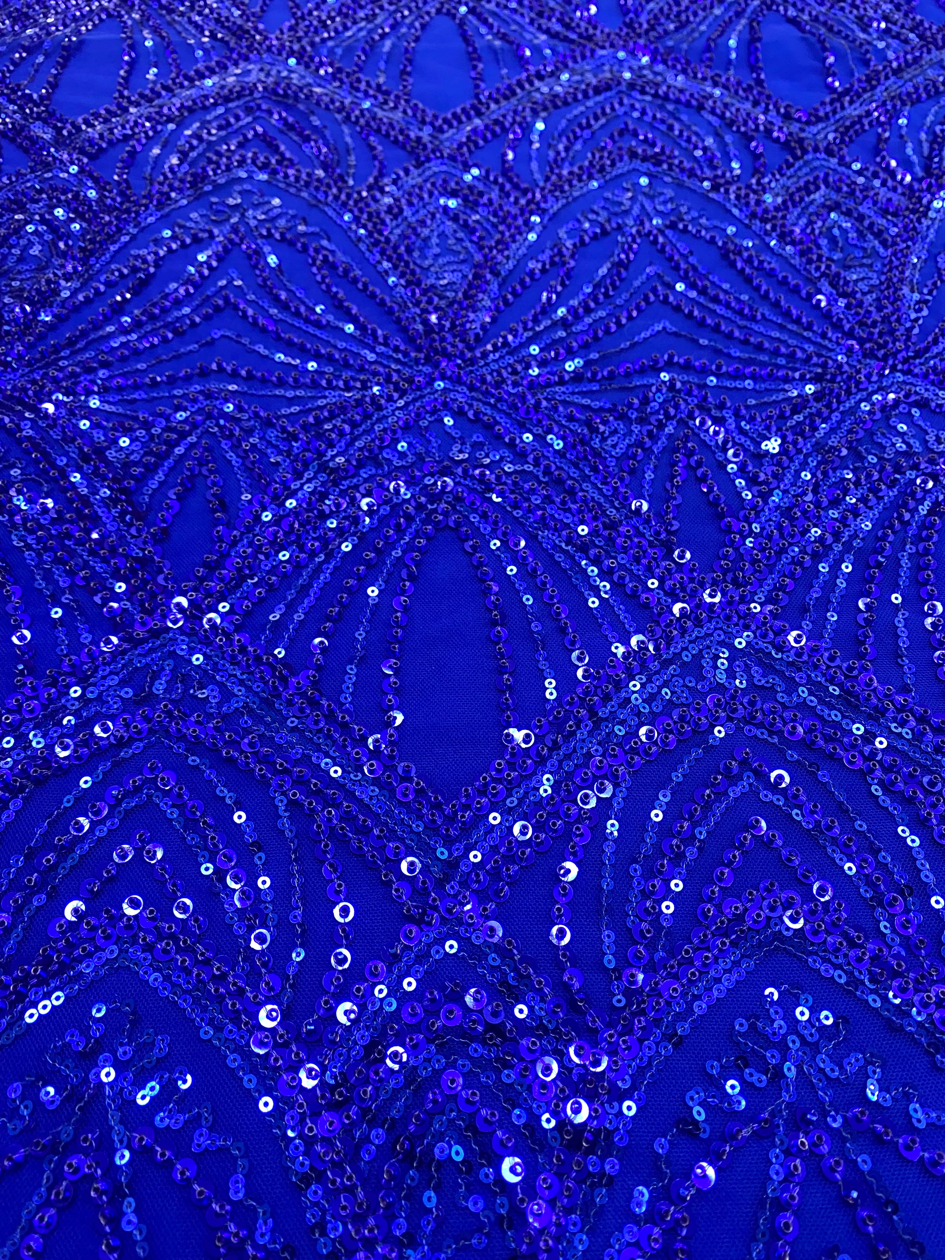 Dantela Couture Albastru Royal cu Model Geometric, cu Perle si Margele