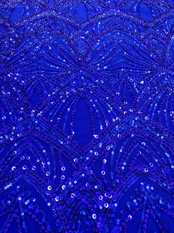 Dantela Couture Albastru Royal cu Model Geometric, cu Perle si Margele